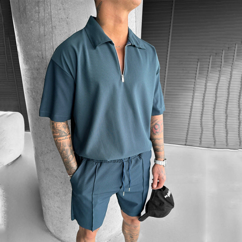 Men’s Summer Zipper Polo & Drawstring Shorts Set