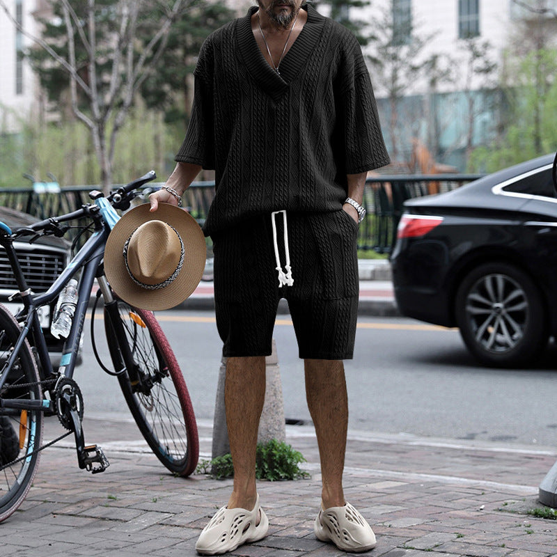 Men’s Summer V-neck T-shirt & Drawstring Shorts Set