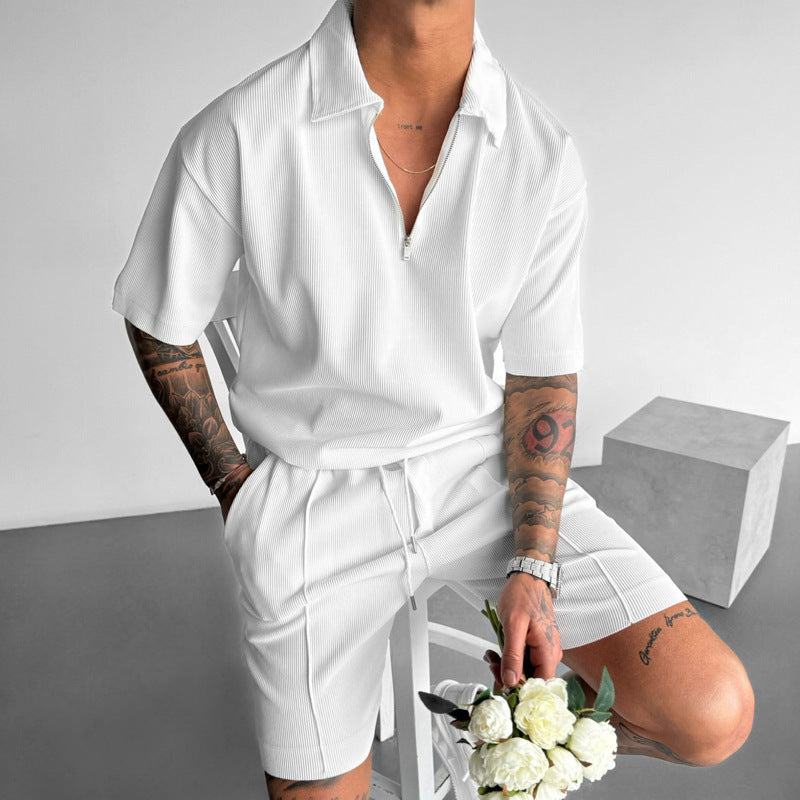 Men’s Summer Zipper Polo & Drawstring Shorts Set