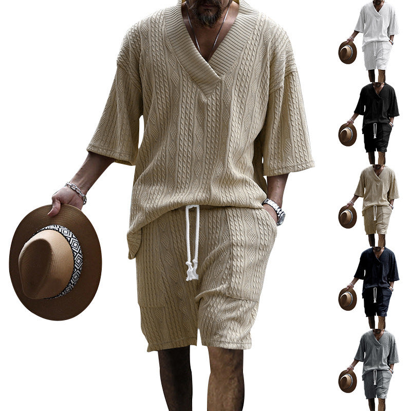 Men’s Summer V-neck T-shirt & Drawstring Shorts Set