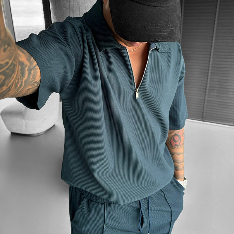 Men’s Summer Zipper Polo & Drawstring Shorts Set