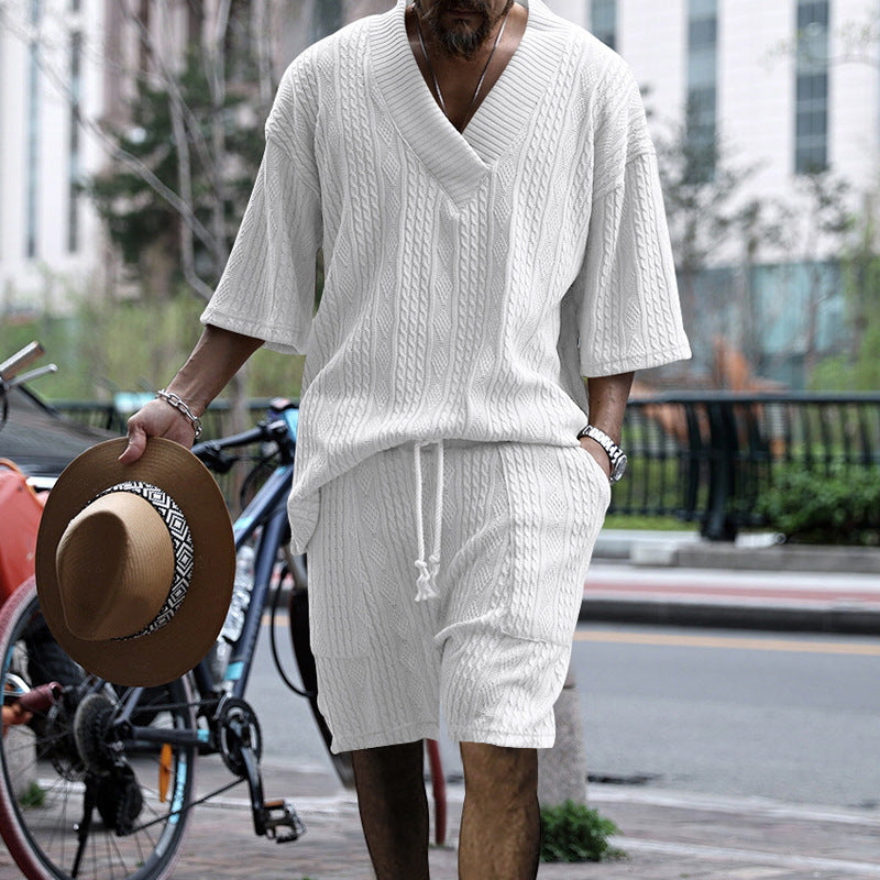 Men’s Summer V-neck T-shirt & Drawstring Shorts Set