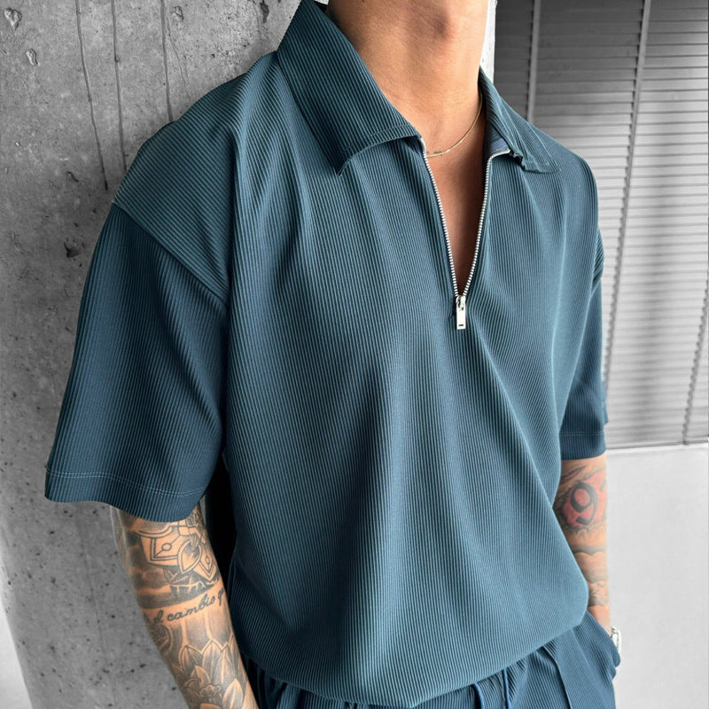 Men’s Summer Zipper Polo & Drawstring Shorts Set