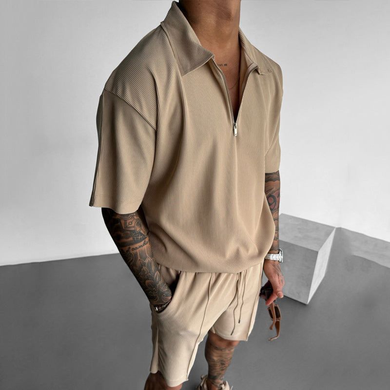 Men’s Summer Zipper Polo & Drawstring Shorts Set