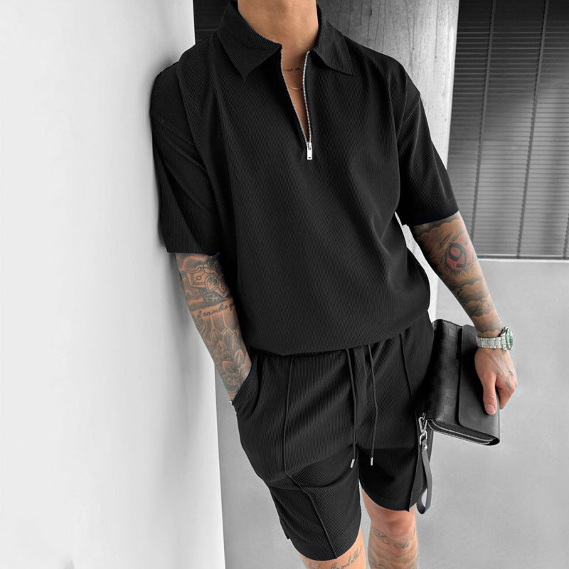 Men’s Summer Zipper Polo & Drawstring Shorts Set