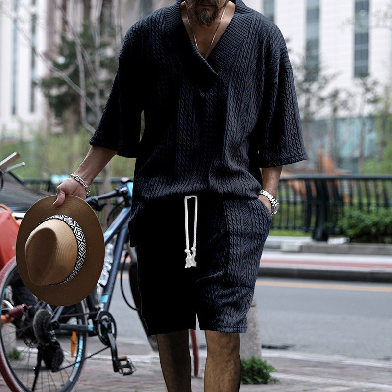 Men’s Summer V-neck T-shirt & Drawstring Shorts Set